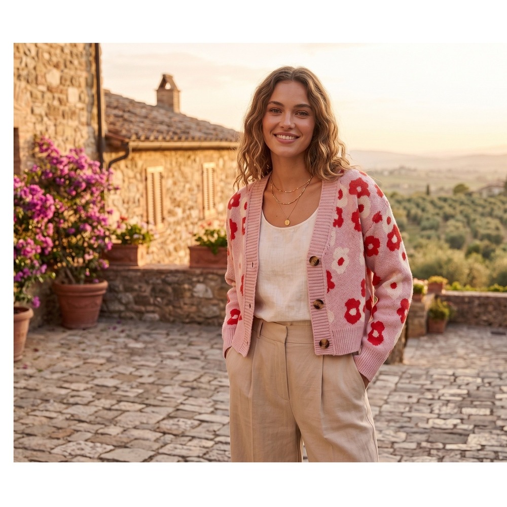 Bailey Rose Pink Floral Cropped Cardigan Sweater Red White Flower Knit V-Neck